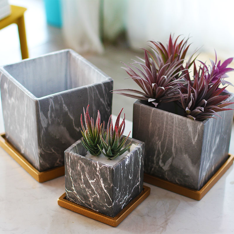 欧式花盆水泥灰色方型水转印简约文艺个性大号带托盘花卉绿植盆