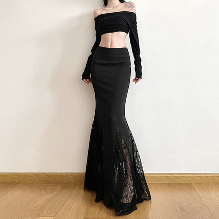 gagaopt自制新款蕾丝拼接黑色西装半身裙春季高腰显瘦包臀鱼尾裙