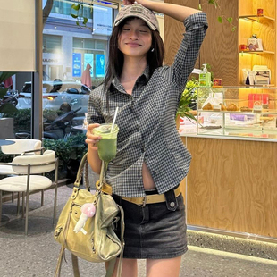 长袖 显瘦小个子短款 衬衣秋 女修身 gagaopt气质POLO领纽扣格子衬衫