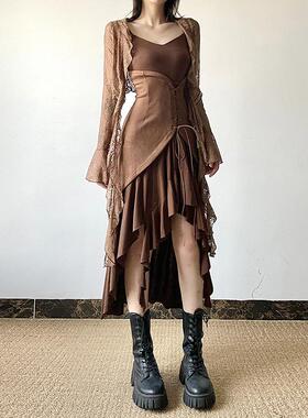 gagaopt废土风修身显瘦不规则下摆吊带连衣裙短款开衫防晒薄外套