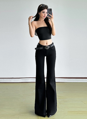 gagaopt2025初秋新款基础款黑色微喇裤女高腰显瘦提臀休闲长裤ins