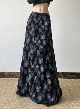 gagaopt赫本风复古印花半身裙高腰显瘦A字裙小众气质垂感长裙秋季