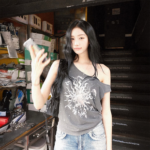 gagaopt小个子灰色大领口灰色背心女夏季慵懒风休闲宽松外穿上衣