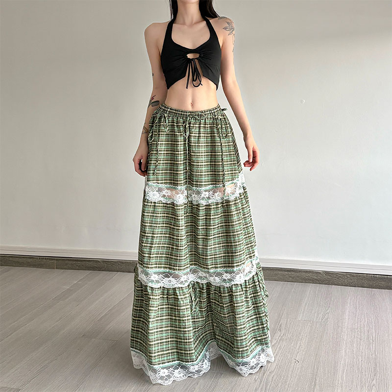 gagaopt法式气质蕾丝花边格子裙