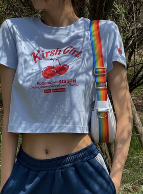 gagaopt2025街拍蓝色圆领短袖T恤女ins超火个性印花露脐薄款上衣