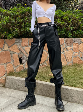 gagaopt 自制新款设计感黑色鳞状工装皮裤女束脚宽松挂链裤子潮酷