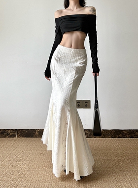 gagaopt法式气质蕾丝拼接镂空半身裙女新款高腰显瘦纯色鱼尾裙ins