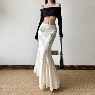 gagaopt法式气质蕾丝拼接镂空半身裙女新款高腰显瘦纯色鱼尾裙ins