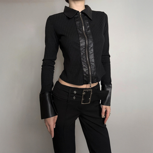 gagaopt2026早春新款 T恤PU皮拼接双头拉链坑条上衣潮 翻领正肩长袖