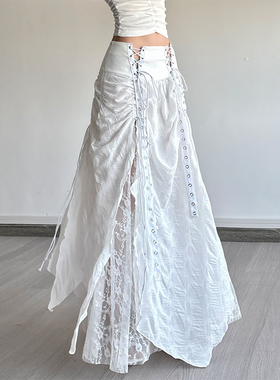 gagaopt设计感小众别致系带A字长裙气质白色蕾丝拼接肌理感半身裙
