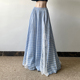 gagaopt自制新款 蕾丝花边拼接蓝色格纹半身裙松紧腰显瘦A字长裙秋