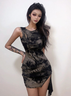 gagaopt自制新款黑色扎染不规则拉链裙子女套头无袖紧身连衣裙夏