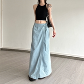 gagaopt复古条纹牛仔半身裙女高腰显瘦百搭一字裙系带设计感直筒