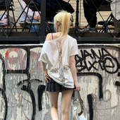 T恤宽松大版 gagaopt个性 设计性感透视蕾丝拼接露肩短袖 棉质上衣女