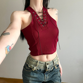 别致上衣夏季 gagaopt修身 显瘦短款 V领系带外穿坑条棉质背心女ins