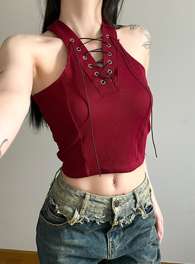 gagaopt修身显瘦短款别致上衣夏季V领系带外穿坑条棉质背心女ins