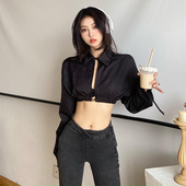 女时尚 gagaopt设计感小众美式 衬衫 长袖 洋气黑色上衣 辣妹露背短款