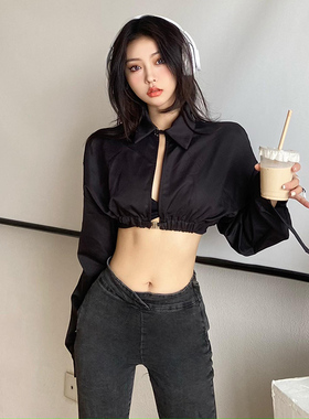 gagaopt设计感小众美式辣妹露背短款长袖衬衫女时尚洋气黑色上衣