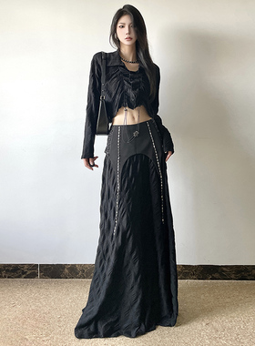 gagaopt自制新款暗黑风重工设计挂链肌理感半身裙高腰显瘦A字长裙