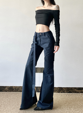 gagaopt美式复古蓝色飘带工装休闲裤秋季辣妹低腰提臀显瘦微喇裤