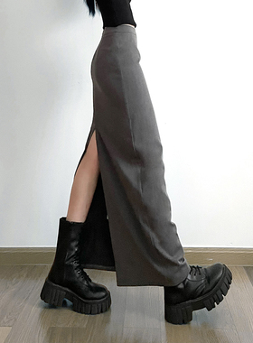 gagaopt2025新款秋季高级感灰色开叉半身裙高腰包臀显瘦西装长裙