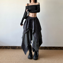 gagaopt格纹不规则拼接中长款半身裙女高腰毛边复古假两件A字裙女