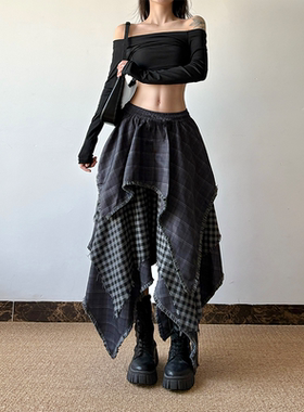 gagaopt格纹不规则拼接中长款半身裙女高腰毛边复古假两件A字裙女