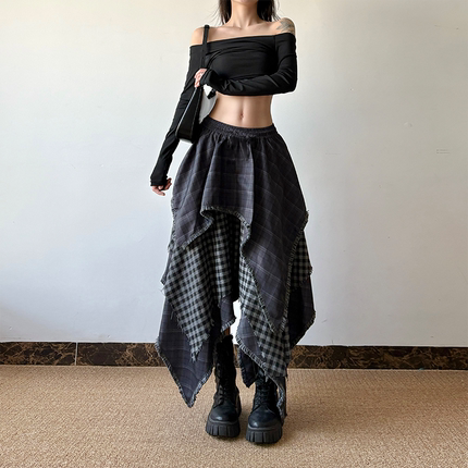 gagaopt格纹不规则拼接中长款半身裙女高腰毛边复古假两件A字裙女