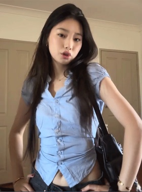 gagaopt学院风蓝色立领正肩短袖衬衫独特别致收腰捏褶短款衬衣女