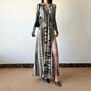 gagaopt设计感撞色绑带收腰长袖连衣裙女舒适宽松修身显瘦中长裙