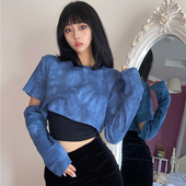 gagaopt自制带内搭两件套高腰露脐T恤女初秋新款 截口袖 上衣扎染潮