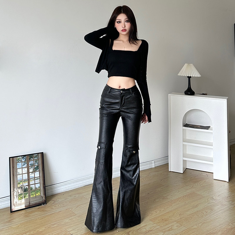 gagaopt2025冬季新款鳞纹黑色口袋机车皮裤高腰显瘦拖地微喇裤女,女装/女士精品,休闲裤,淘宝优惠券,粉丝福利购,淘宝优惠卷