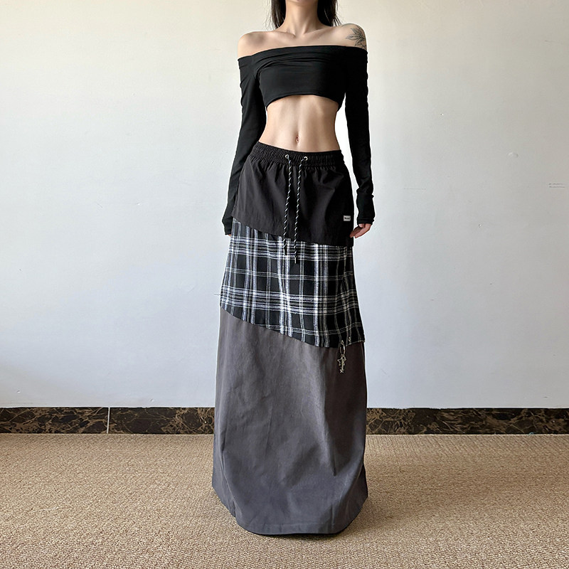 gagaopt复古格子拼色半身裙
