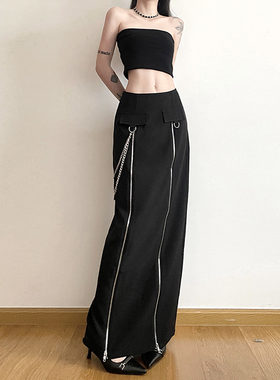 gagaopt自制新款设计感双拉链开叉黑色半身裙高腰显瘦直筒长裙春