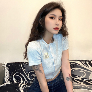 BM上衣女棉质灰色单排扣贴布T恤短袖 gagaopt夏季 修身 新款 高腰短款