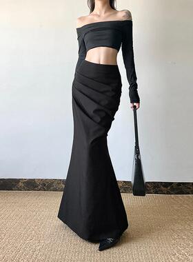 gagaopt纯色设计感小众褶皱半身裙女高腰修身显瘦百搭通勤鱼尾裙