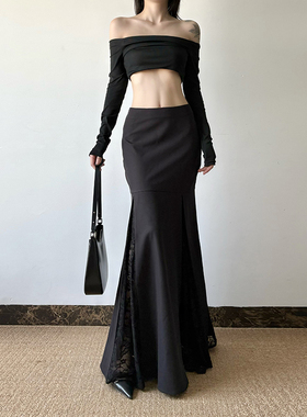 gagaopt2025春季新款蕾丝拼接黑色半身裙辣妹高腰修身显瘦鱼尾裙