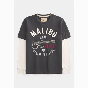 正品必保Hollister秋冬新款复古街头水洗棉质假两件长袖T恤