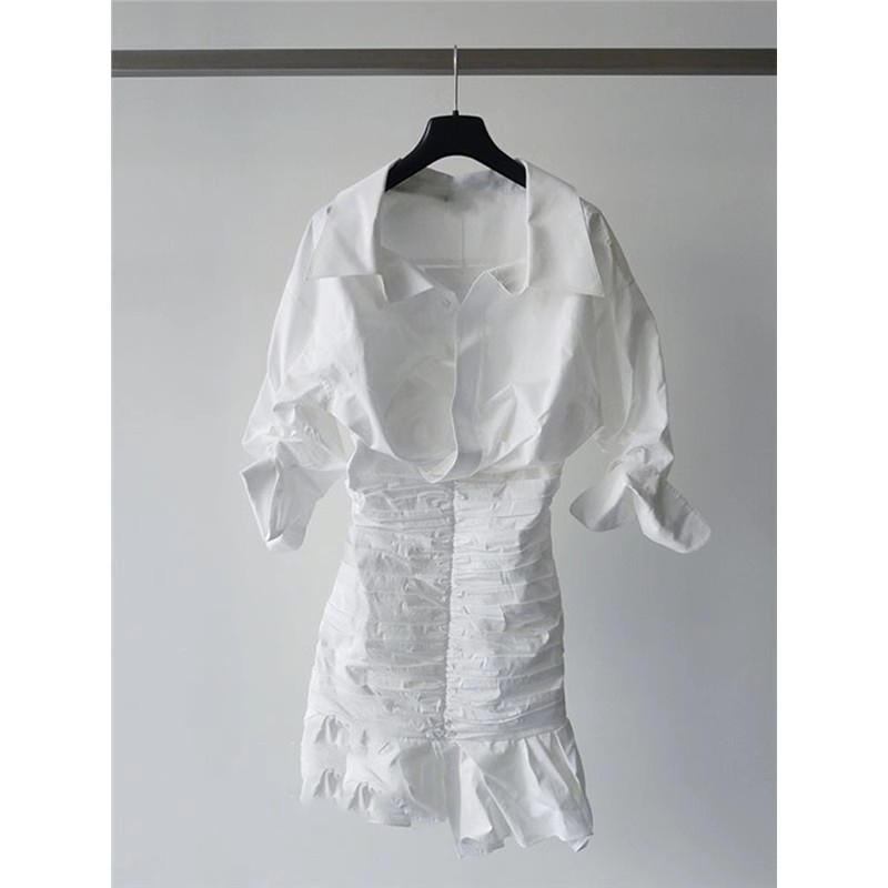 性感褶皱鱼尾白色衬衫洋装子女