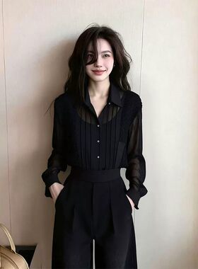 轻奢风黑色长袖翻领衬衫女款2026年新款春装显瘦拼接百搭通勤上衣