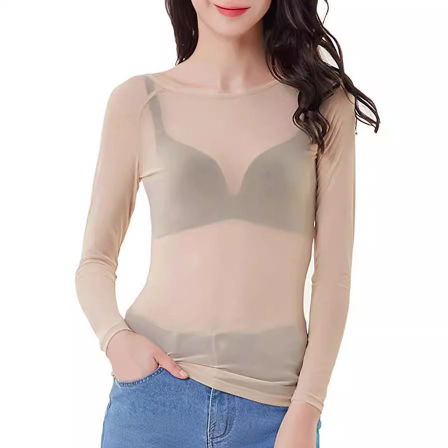 春秋新款黑色全透明网纱打底衫女衬衫