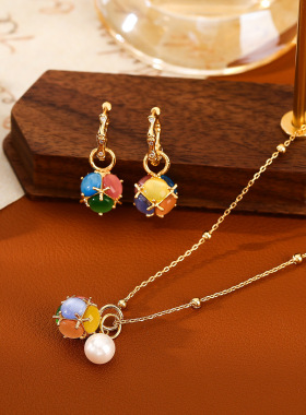 彩色猫眼石魔方吊坠项链锁骨链耳钉耳坠耳扣轻奢小众气质耳环饰品