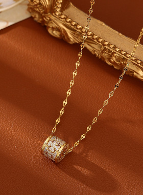 四叶草小蛮腰吊坠项链镀金镶钻圆筒轻奢简约高级感花丝锁骨链饰品