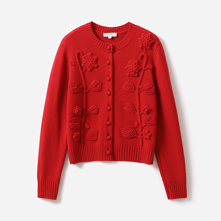 WZK07193 茉莉雅集 T*B匠心立体花朵绣重磅全羊毛针织开衫毛衣