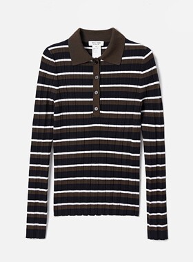 *WZT07353茉莉雅集 R*L复古POLO领条纹120S精纺羊毛长袖针织套衫
