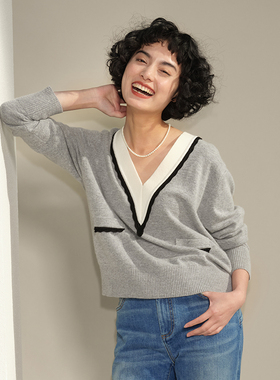 *WZT06046 茉莉雅集 S@NDRO法式浪漫撞色简约V领羊绒针织衫毛衣