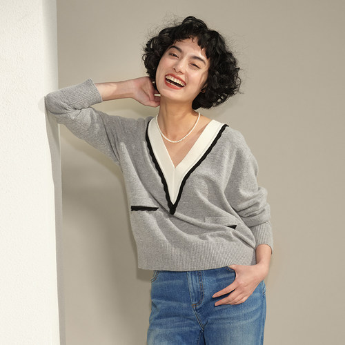 *WZT06046 茉莉雅集 S@NDRO法式浪漫撞色简约V领羊绒针织衫毛衣