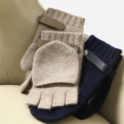WSP08061 H家经典意大利全羊绒拼羊皮半指翻盖针织漏指手套