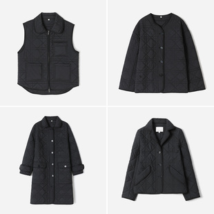 WWT09045 茉莉雅集 翻领藤格绗棉格纹长款/短款棉服马甲外套女