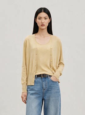 *WZK07182 E*多斯KVSS精纺3/68支全羊绒两件套针织开衫吊带女